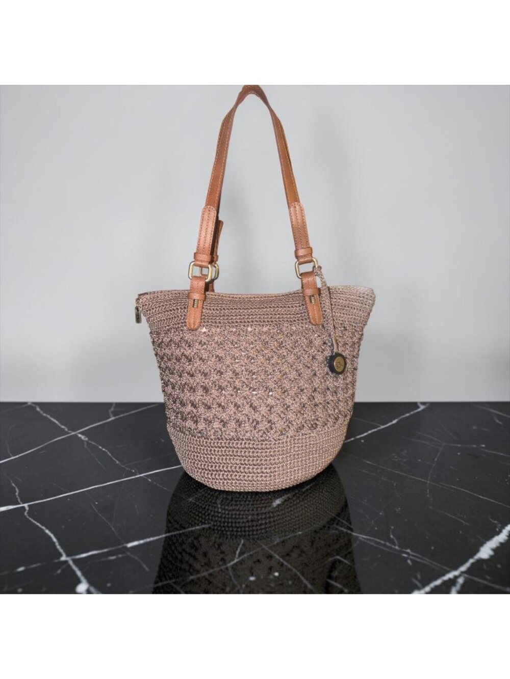 The Sak Shopper Tote Taupe Hand-Crocheted Brown Trim Shoulder Bag Boho Carryall